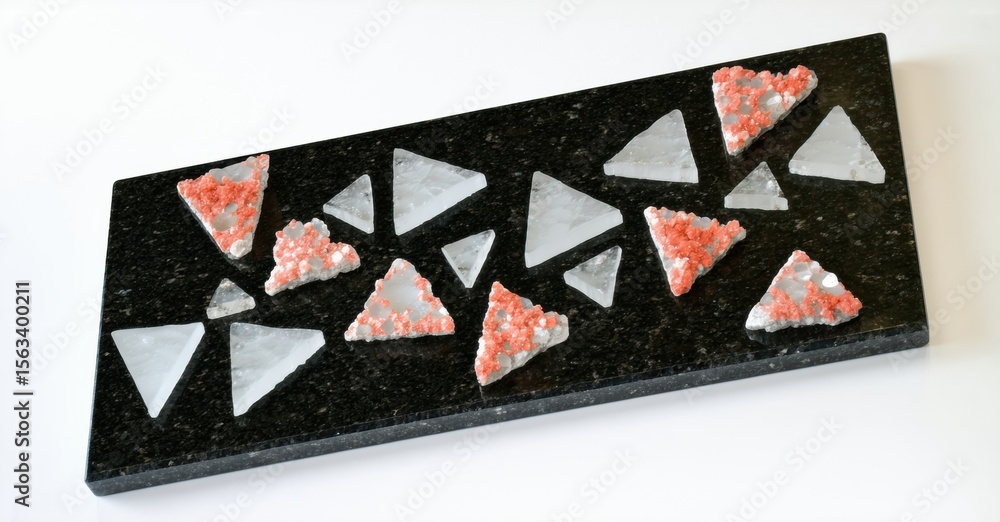 Poster rectangular artwork features silver, coral triangle fragments embedded within dark speckled surface.