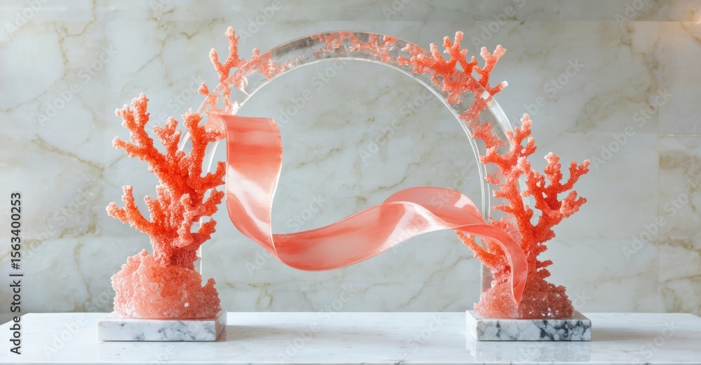Poster coral arch decoration sits atop marble base. ribbon flows through structure, creating elegant displa