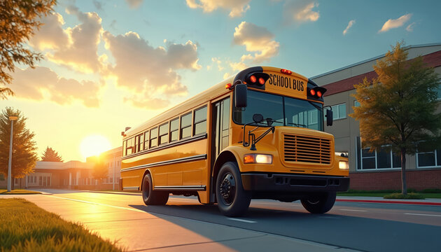 Yellow school bus parked in front of modern school building at sunrise. Back to school transportation concept, morning commute vehicle, education, safety, security.
