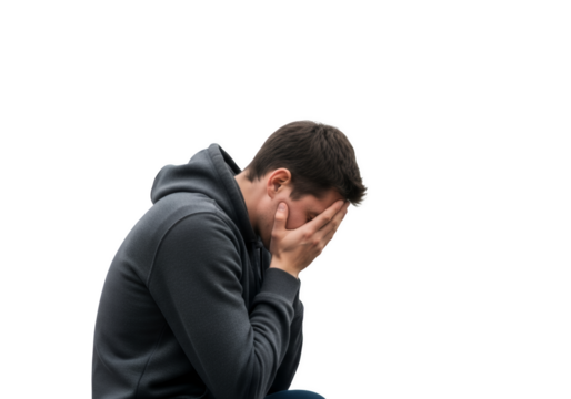 Despairing young man covering his face shows feelings of sadness and anxiety - Powered by Adobe