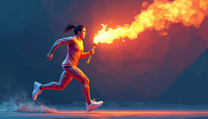 Obraz premium Dynamic illustration of Olympic Torch Runner. Female athlete runs carrying torch with fire, speed, victory, determination. Graphic art in geometric abstract style, dynamic composition, vibrant