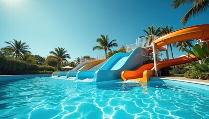 Fototapeta premium Bright water slides at swimming pool with clear blue sky background. Sparkling water, smooth curves of the slides and tropical plants create summer vacation mood. Water park joy, fun, entertainment.