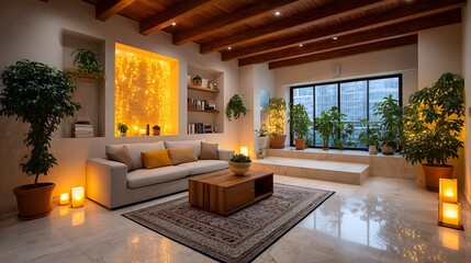 Cozy living room interior design lights plants and wooden accents for home decor inspiration