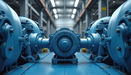 Industrial plant interior with powerful blue electric motors. Heavy machinery in factory equipment. Infrastructure manufacturing, energy, power, technology. Modern engineering, industry, business