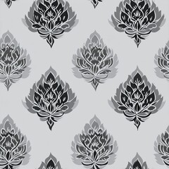 modern Thai-inspired seamless pattern, stylized geometric 'Kanok' floral motifs, elegant monochrome dark grey on a light grey background, minimalist and sophisticated 