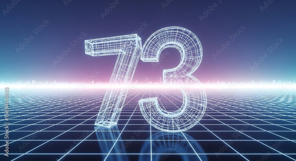 Poster number 73 in wireframe on a retro-inspired grid, glowing 73 wireframe in a synthwave style, retrofut
