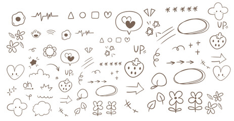 Handdrawn doodle pattern with hearts flowers arrows and geometric shapes in simple brown lines