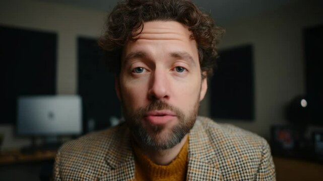 Engaging storytelling by male presenter in stylish sweater during indoor discussion - Powered by Adobe