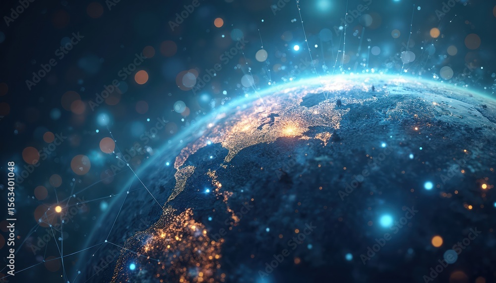 Aufkleber Digital illustration of Earth with glowing network connections. Globe illuminated with lights, representing global network of connection, communication, cyberspace. Image tech advancement, futuristic