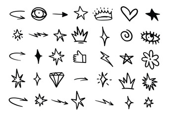 Handdrawn doodles arrows stars crowns heart eye diamond flower thumbs up and lightning bolt