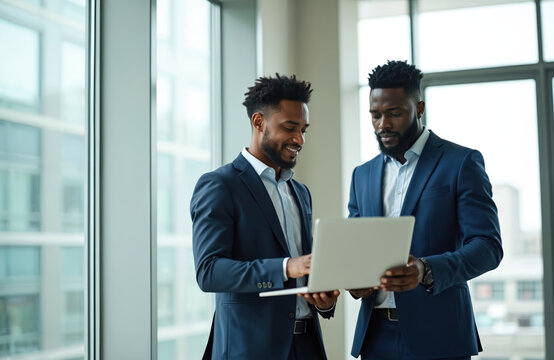Two young black business men stand together discussing business. They analyze data on laptop in modern office. Pro black people in formal suits at work. Teamwork concept.