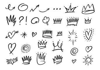 Handdrawn doodles featuring arrows hearts crowns and various decorative elements