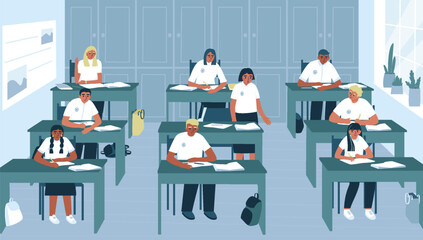 Student answering homework questions in class. Education concept. Teenagers at their desks. Answer from seat. Vector illustration in flat style.