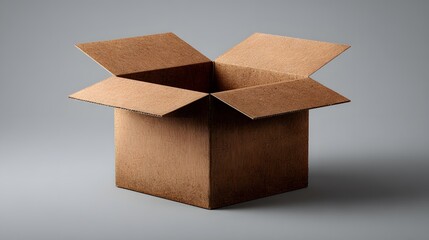 Open cardboard box with brown texture on grey background
