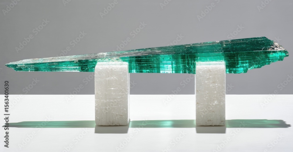 Poster Green crystal structure rests upon two white pillars. Minimalist composition, clean lines, striking visual impact. Studio lighting enhances texture.