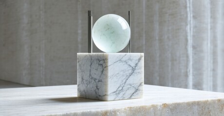 Marble base supports frosted glass sphere, held by metal rods. Minimalist sculpture, elegant design, neutral tones, studio lighting.