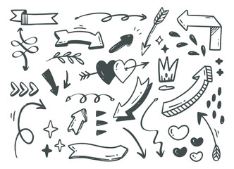 Handdrawn doodles fill the frame arrows ribbons stars hearts crown and scattered dots