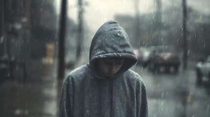 A teenage boy in a hoodie walking alone in the rain, head down, streets empty, symbol of sadness and emotional weight, photorealistic 