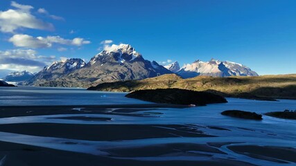 Aerial view of Torres Del Paine mountain range, Chile.