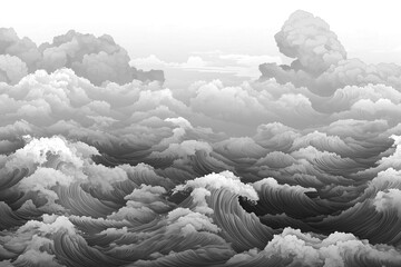 Monochrome Asian Art Waves and Clouds Background