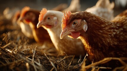 Fototapeta premium Warm sunlight bathes a line of hens, evoking a sense of rustic tranquility
