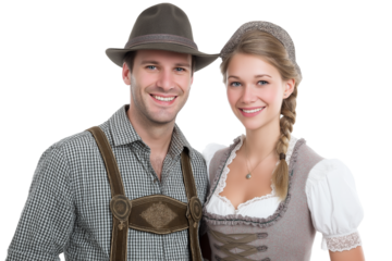 Smiling couple in traditional Bavarian attire  isolated on white background