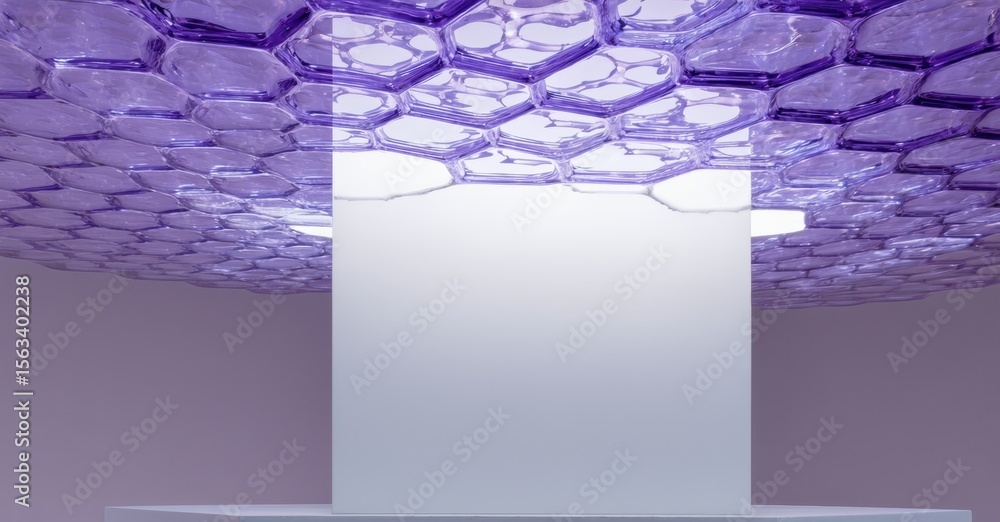 Poster purple honeycomb structure dominates image. light shines through cells creating abstract pattern. mi