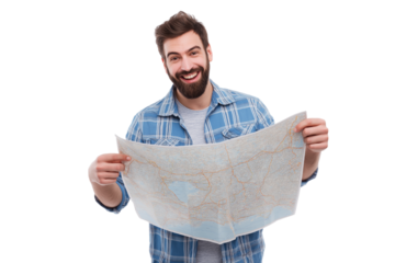  man happily studying map  isolated on white background
