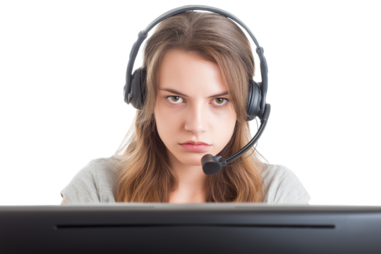  frustrated woman wearing headset  isolated on white background