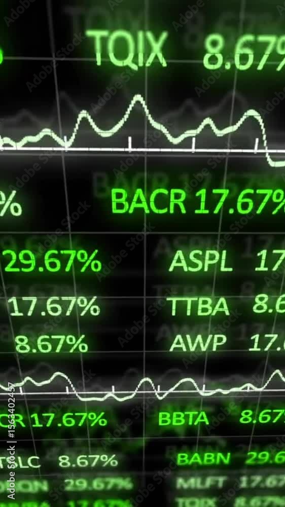 Poster animation of financial data processing over grid on dark background