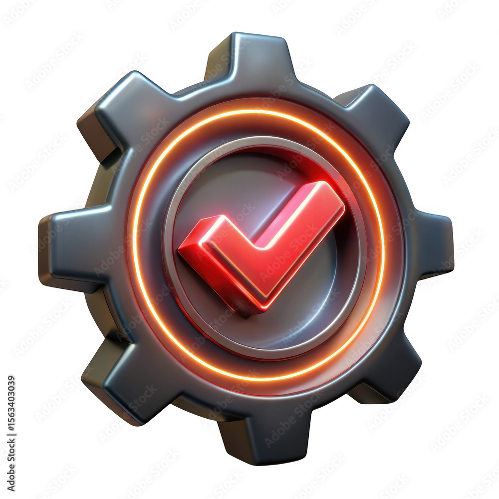 Poster 3d realistic gear with checkmark icon isolated on transparent background