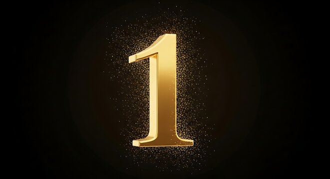 Golden Number One with Glittering Particle Effect on Black Backdrop, Elegant Number 1 Isolated on Dark Background