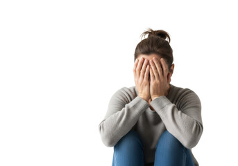 Distraught woman hides face, conveying sorrow, stress, or mental health issues