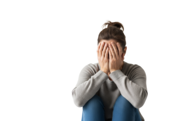 Distraught woman hides face, conveying sorrow, stress, or mental health issues