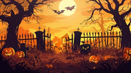 A halloween spooky background, graveyard fence silhouette with scary trees, cemeteries, bats. 