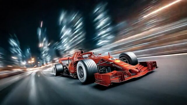 Formula One Racing Car Speeding Through a Cityscape with Motion Blur Effect for Visuals