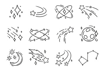 Twelve distinct simple lineart celestial drawings stars comets constellation moon orbits © Neko funny