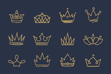 Line art prince and princess luxurious Crowns, Hand drawn crowns set. Gold crown sketch. Queen or king crowns.