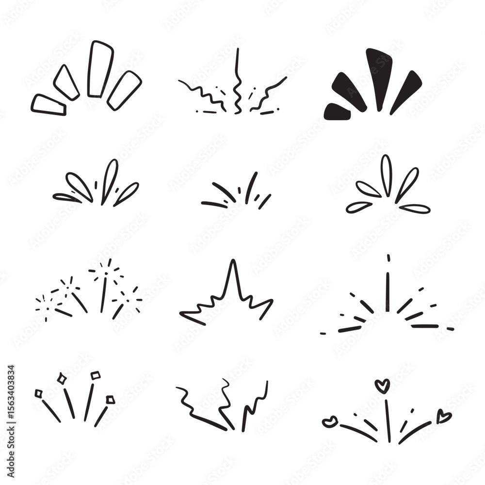 Poster twelve handdrawn abstract burst elements of differing sizes and shapes displayed evenly on a white b