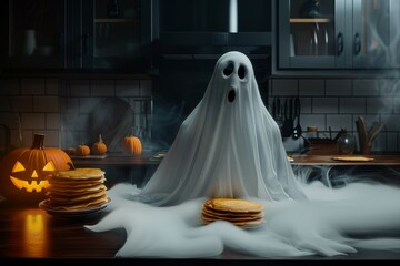 A creepy ghost bakes pancakes for Halloween. 