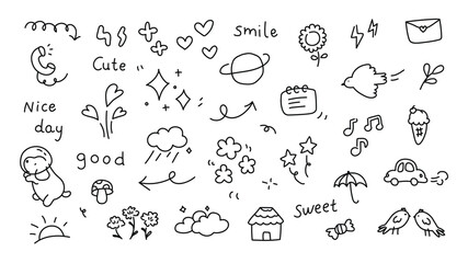 Doodle collection with handwritten words shapes objects and small scenes scattered on a white background