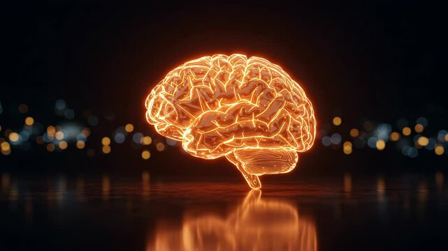 A glowing orange 3d rendering of a brain is shown against a dark background with blurred lights, reflecting on a shiny surface