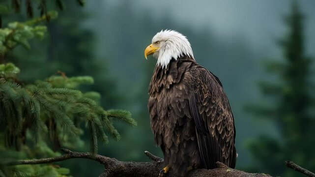 A mature bald eagle, perched on a tree branch, gazes towards the left with a serene expression, amidst a blurred backdrop of evergreen trees.
