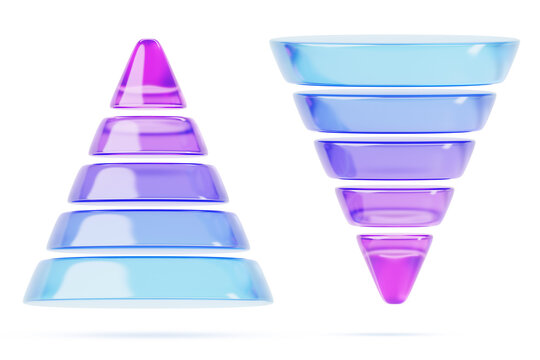 Glass inverted cone and pyramid 3d render icon set. Gradient blue pink sales funnel, five level infographic chart, conversion rate, digital marketing, business awareness technology. 3D illustration