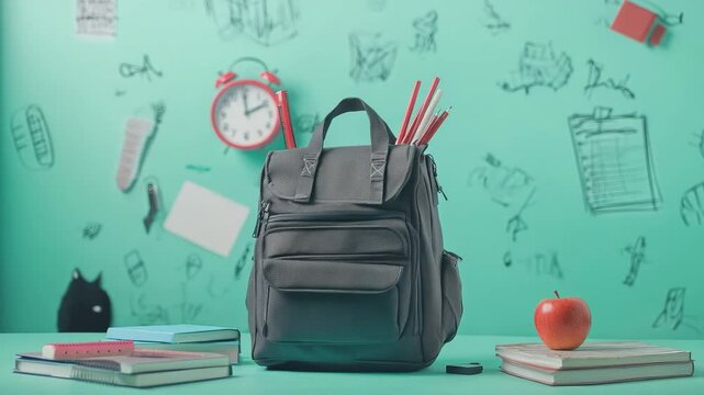 Gray backpack filled with school supplies sits on a desk with books and a red apple, ready for the return to school against a vibrant teal background adorned with doodles