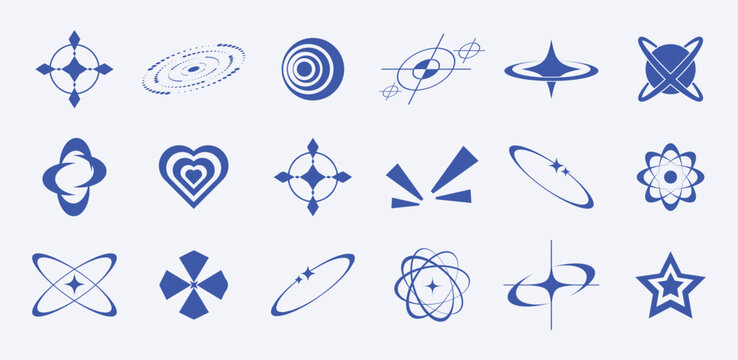 Y2k vector elements of trendy geometric brutalism forms, logos, grids, memphis design. Simple Acid shapes forms, rave symbols and frames y2k style.