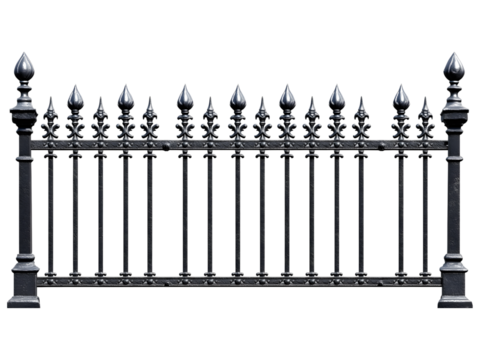 Ornate black metal fence with decorative finials and fleur de lis accents isolated on transparent background