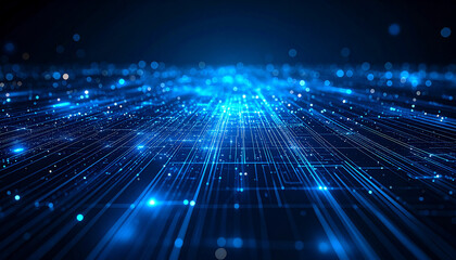 Futuristic abstract digital business background, neon blue and black circuit lines, glowing particles, grid layout, clean high-tech design, perfect for business and innovation themes.