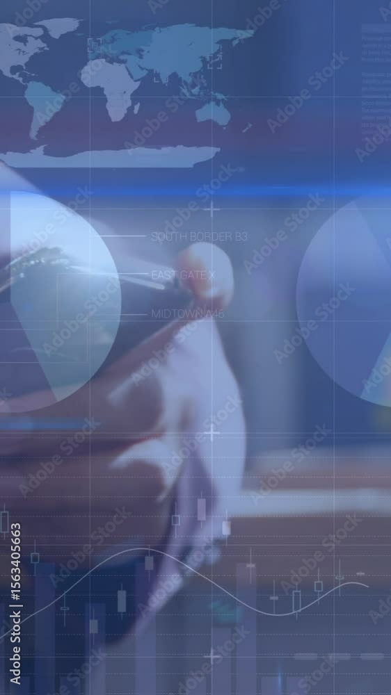 Aufkleber animation of graphs over hands of caucasian man using smartphone