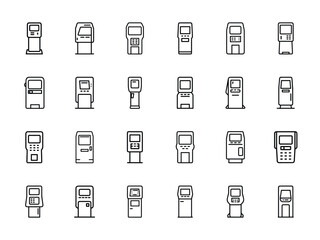 Collection of ATM Machine Icons in Silhouettes Style on White Background — Automated Teller Machines, Cash Dispenser Interfaces, and Banking Technology Vector Illustrations

